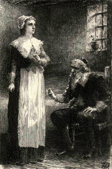 An engraving by Frederick Dielman showing Roger Chillingworth and Hester Prynne in a tense confrontation.